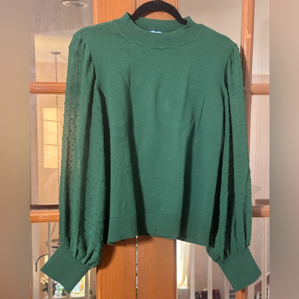 CeCe Forest Green Textured Sheer Sleeve Blouse